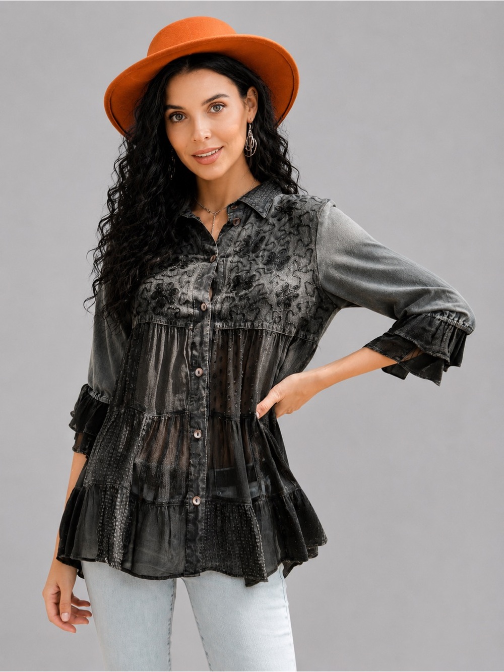 Young Threads Boho Tiered Tunic Top Black Embroidered Floral Peasant Blouse Sz S